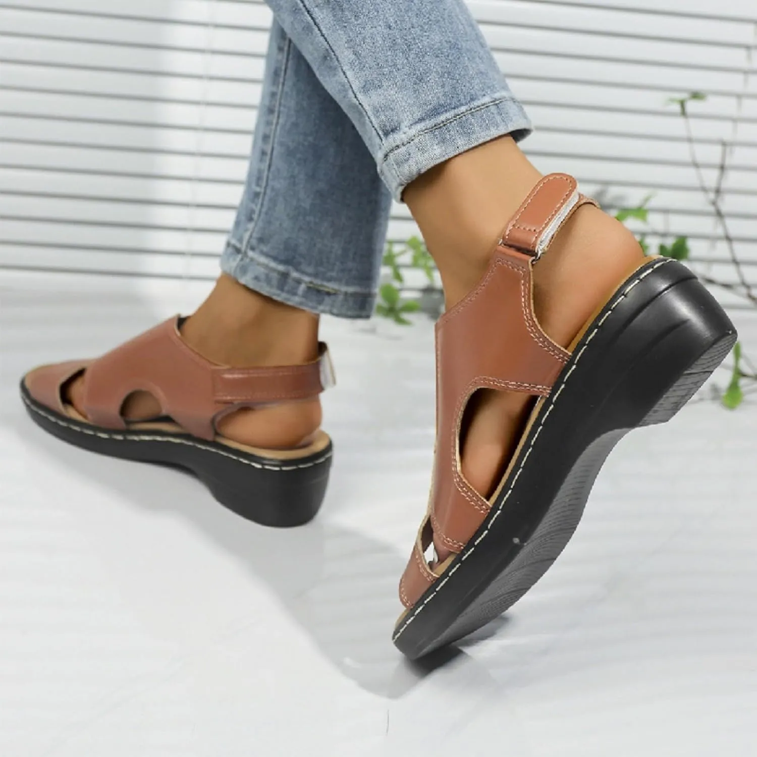 Black Sandals Women Orthopedic Arch Sandal Wedge Roman Sandals,Adjustable Ankle Strap Chunky Low Heel Casual Diabetic Walking Beach