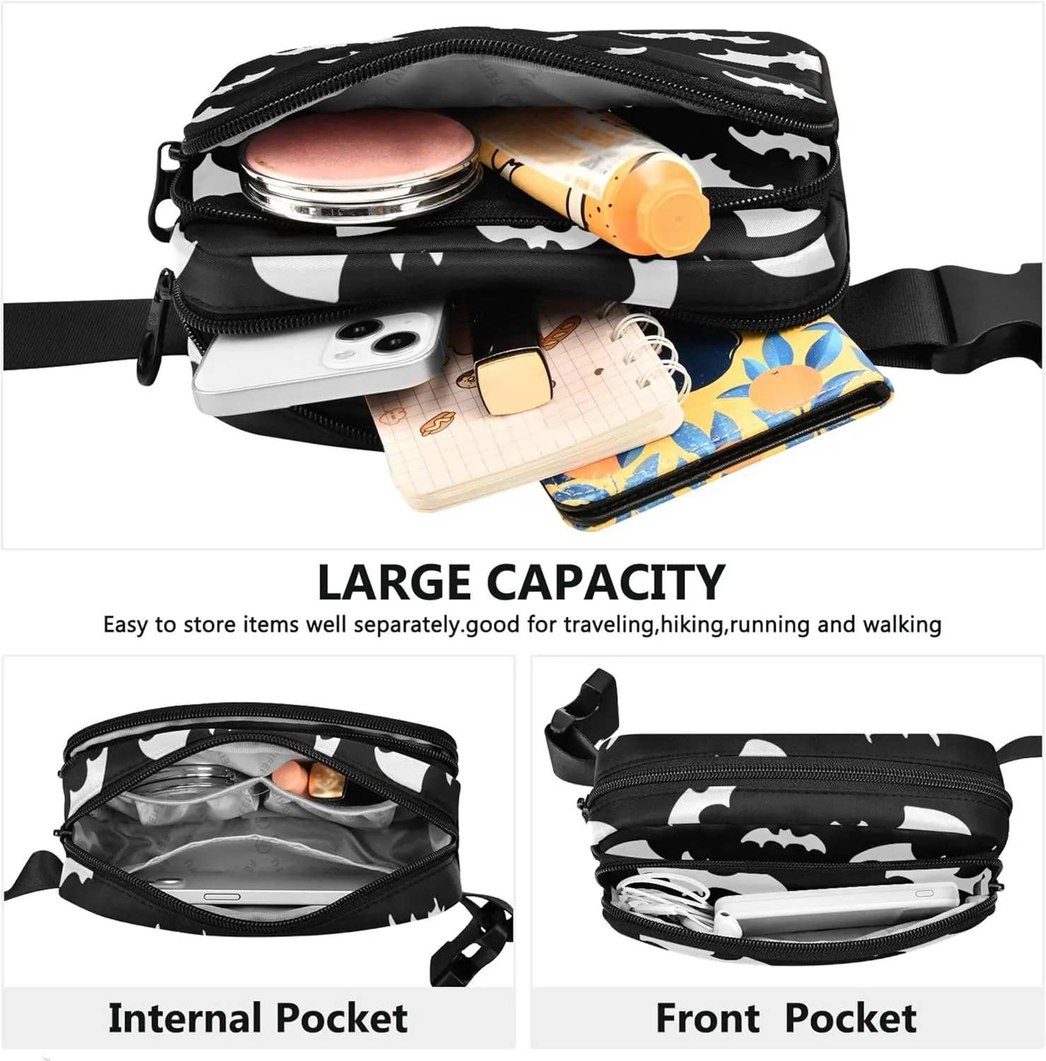 Black White Bats Fanny Packs Women Waterproof Hip Pack Belt Bag Cute Waist Pouch for Women