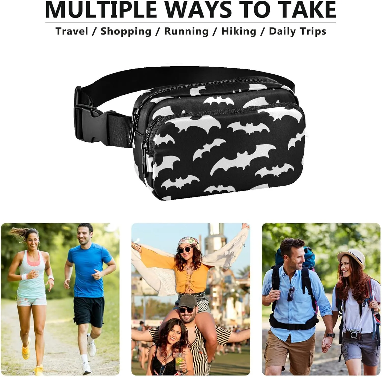 Black White Bats Fanny Packs Women Waterproof Hip Pack Belt Bag Cute Waist Pouch for Women
