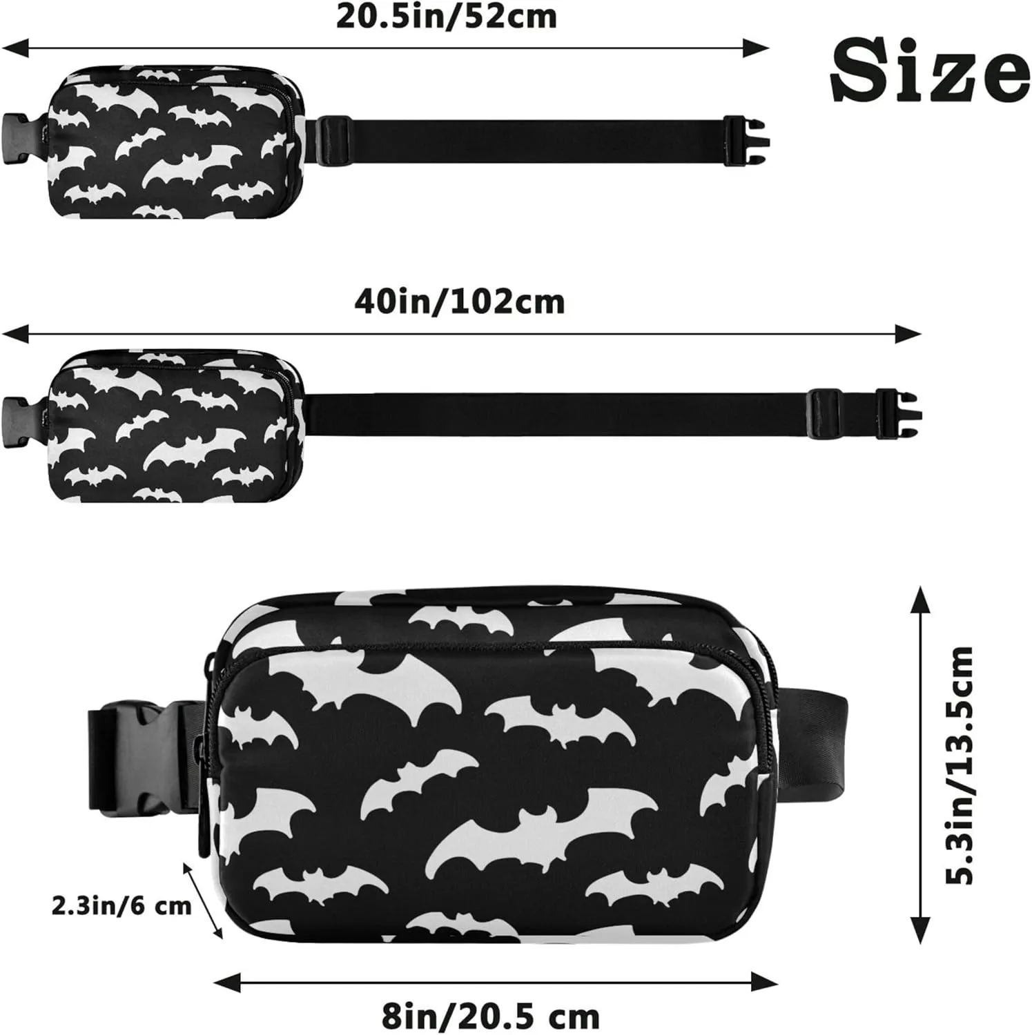 Black White Bats Fanny Packs Women Waterproof Hip Pack Belt Bag Cute Waist Pouch for Women