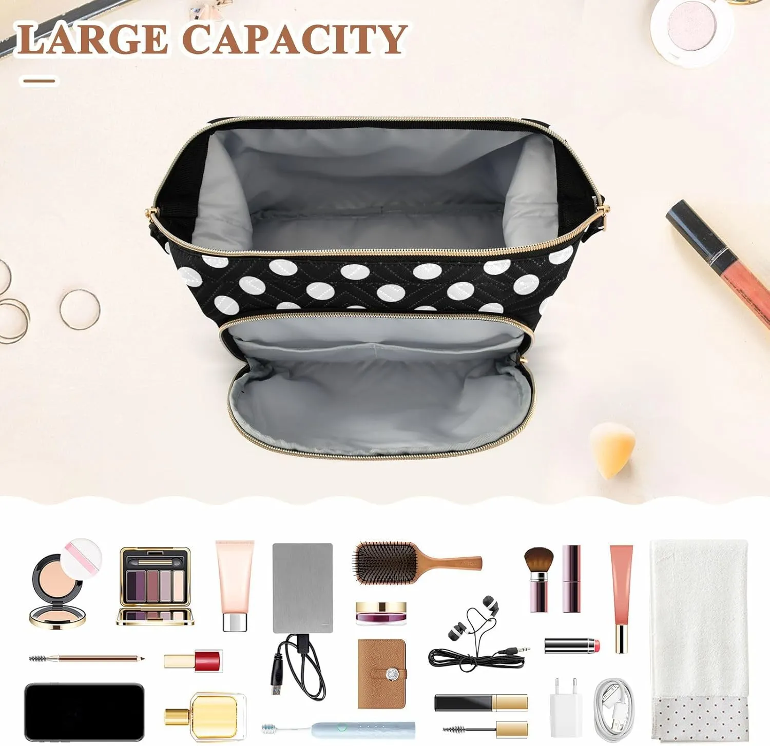 Black White Polka Dots Makeup Bag Travel Toiletry Bag Make Up Bags Cosmetic Bag Pouch Large Makeup Case Box Bag Organizer Skincare Bag for Men Women Toiletries Purse Trip Sports Adults