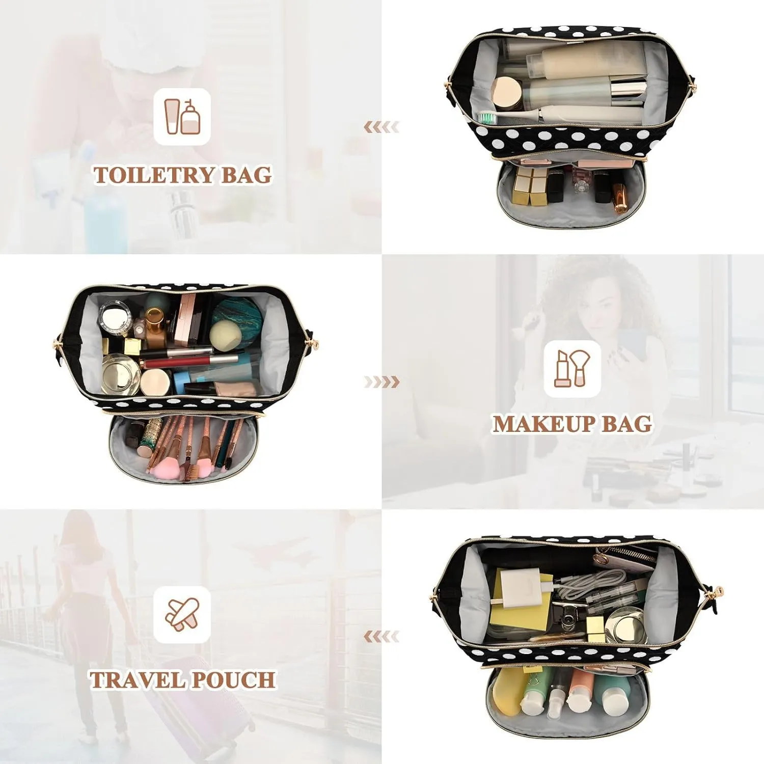 Black White Polka Dots Makeup Bag Travel Toiletry Bag Make Up Bags Cosmetic Bag Pouch Large Makeup Case Box Bag Organizer Skincare Bag for Men Women Toiletries Purse Trip Sports Adults