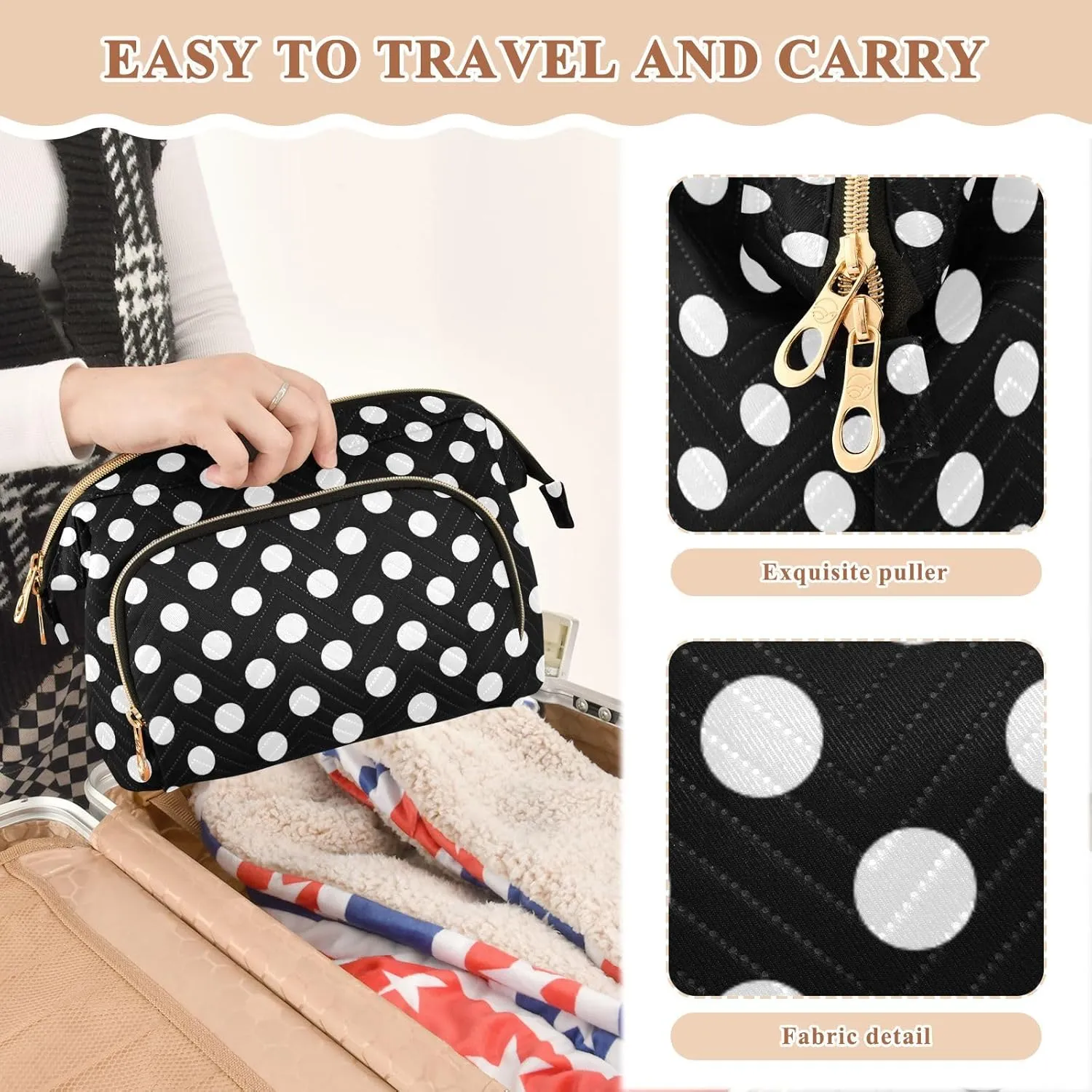 Black White Polka Dots Makeup Bag Travel Toiletry Bag Make Up Bags Cosmetic Bag Pouch Large Makeup Case Box Bag Organizer Skincare Bag for Men Women Toiletries Purse Trip Sports Adults