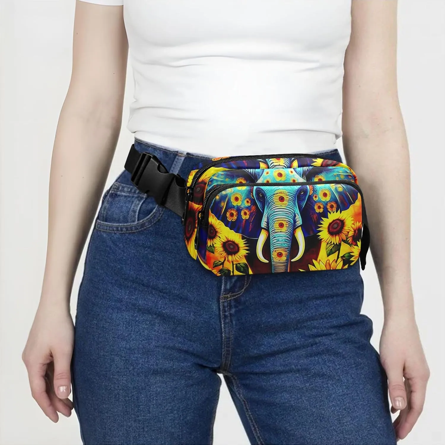 Blue Elephant Sunflowers Women Fanny Pack Waterproof Anti Theft Belt Bag Cute Cross Body Waist Pack