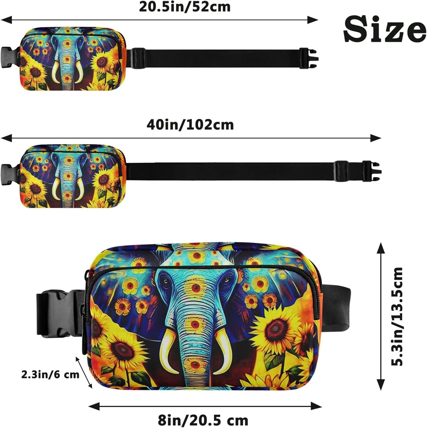 Blue Elephant Sunflowers Women Fanny Pack Waterproof Anti Theft Belt Bag Cute Cross Body Waist Pack
