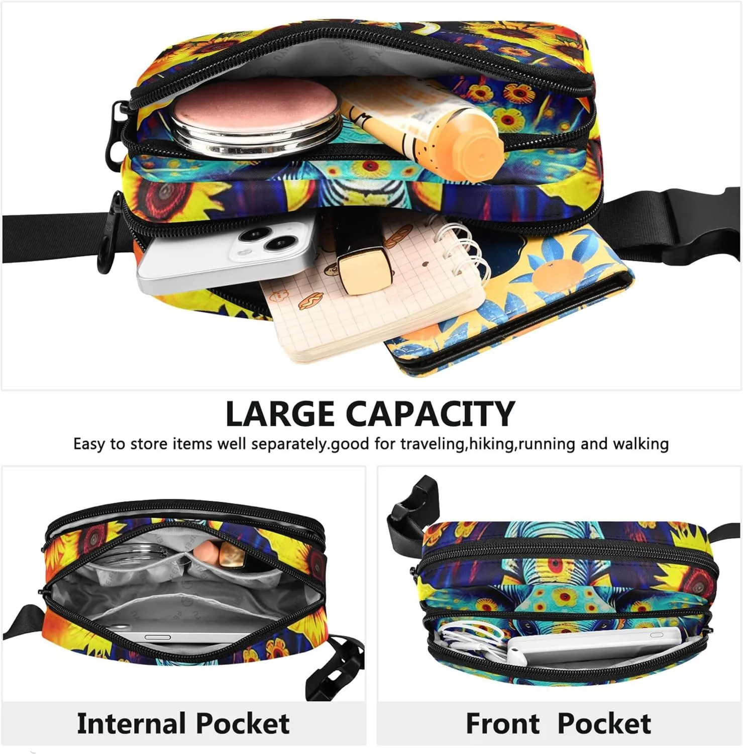 Blue Elephant Sunflowers Women Fanny Pack Waterproof Anti Theft Belt Bag Cute Cross Body Waist Pack