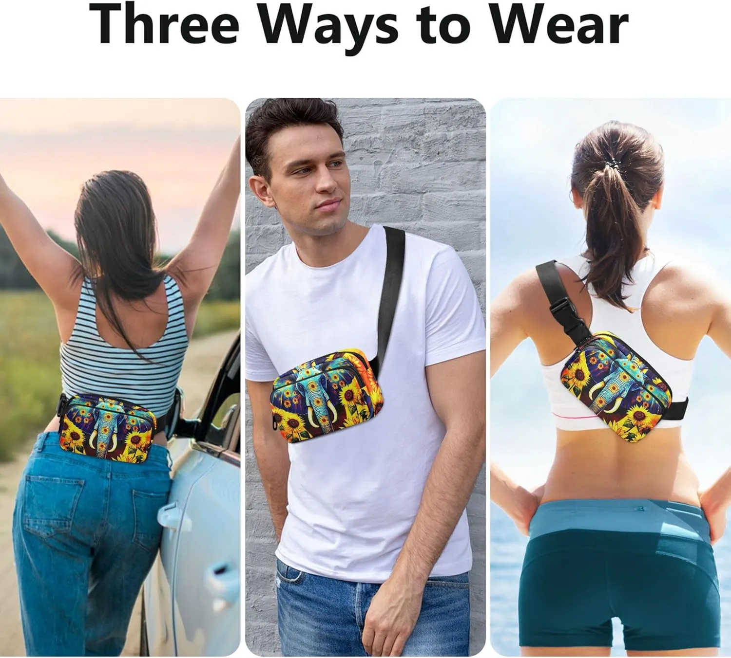 Blue Elephant Sunflowers Women Fanny Pack Waterproof Anti Theft Belt Bag Cute Cross Body Waist Pack