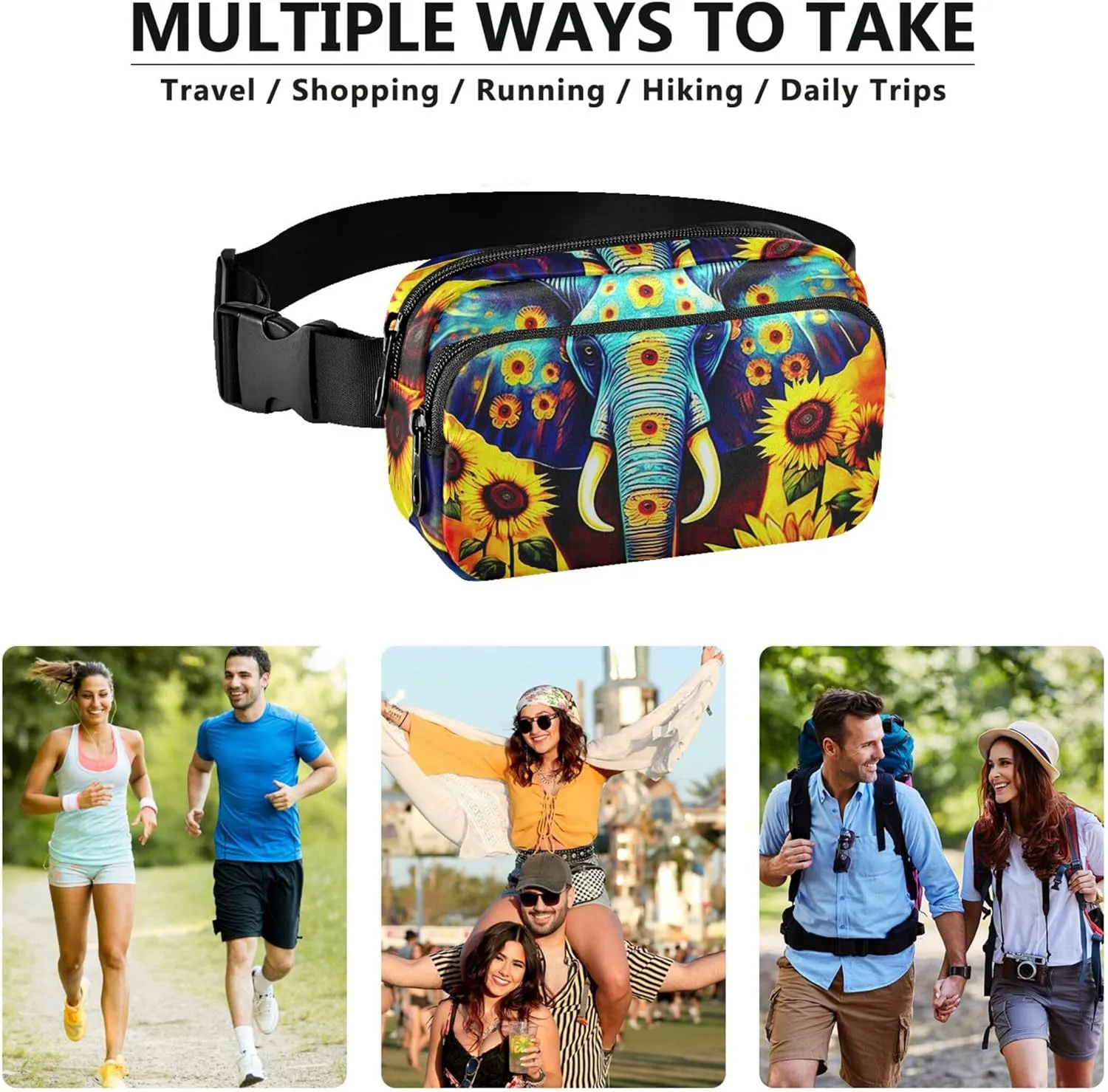 Blue Elephant Sunflowers Women Fanny Pack Waterproof Anti Theft Belt Bag Cute Cross Body Waist Pack