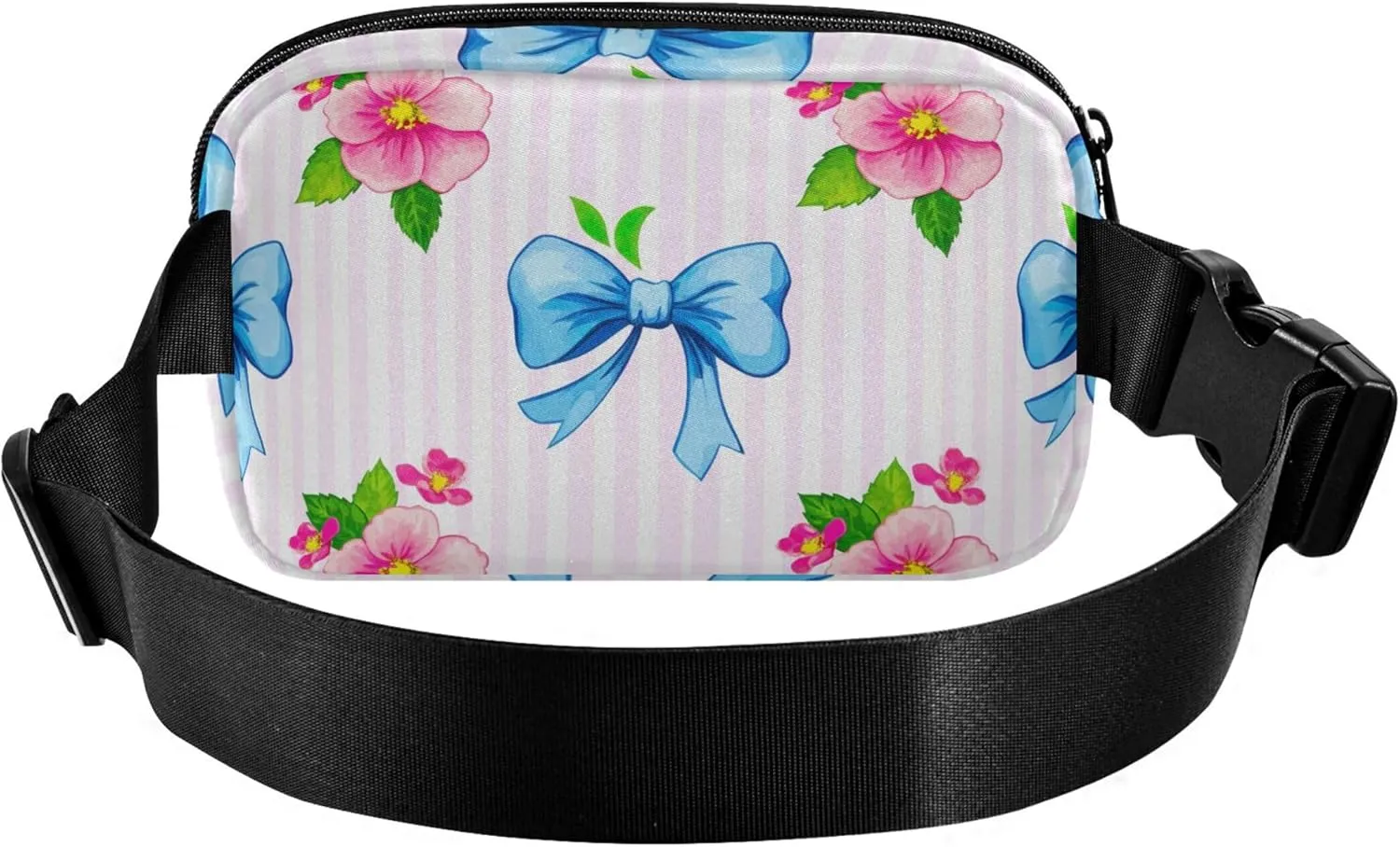 Blue Pink Flowers Leaves Striped Womens Fanny Pack Waterproof Everywhere Belt Bag Festival Travel Waist Pouch
