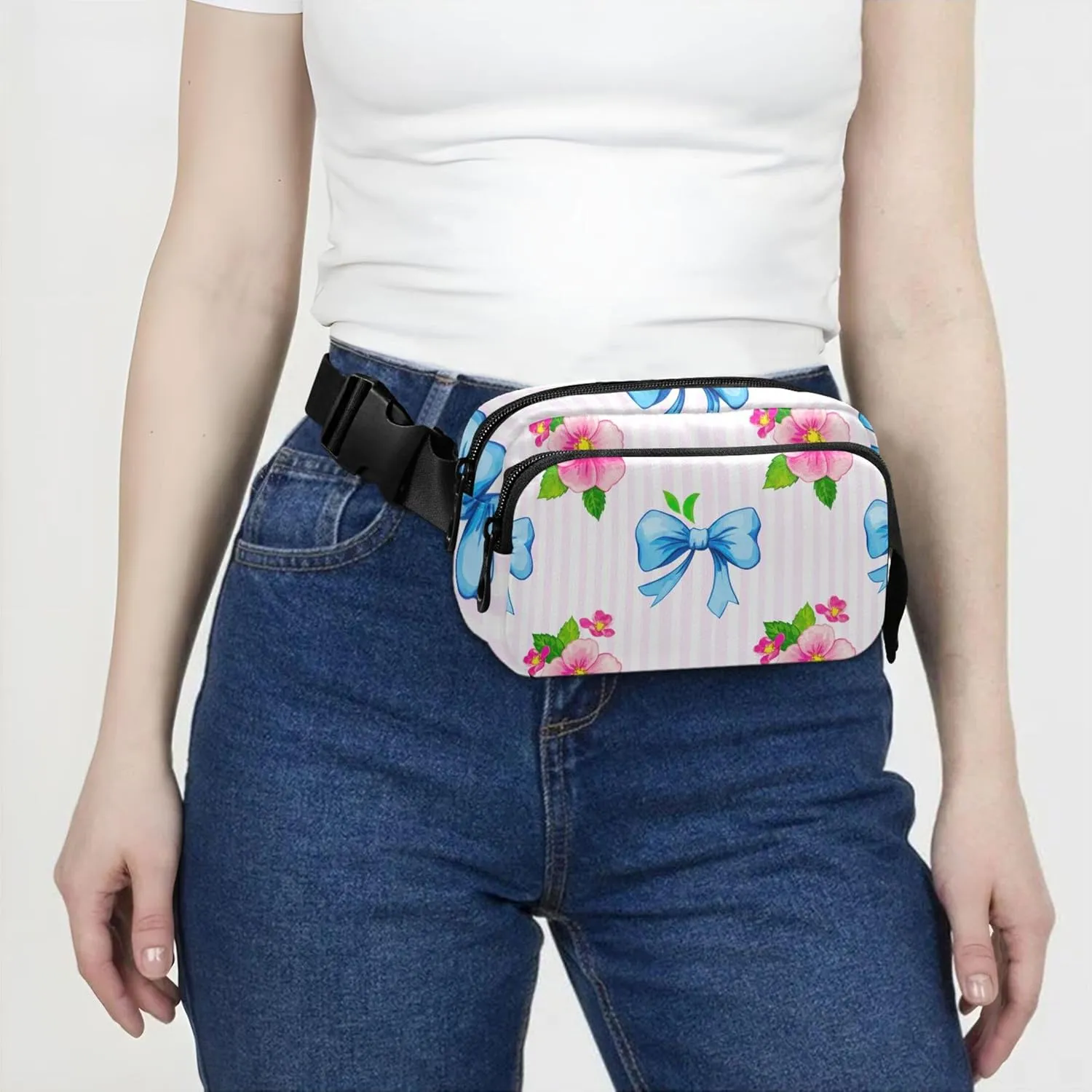 Blue Pink Flowers Leaves Striped Womens Fanny Pack Waterproof Everywhere Belt Bag Festival Travel Waist Pouch