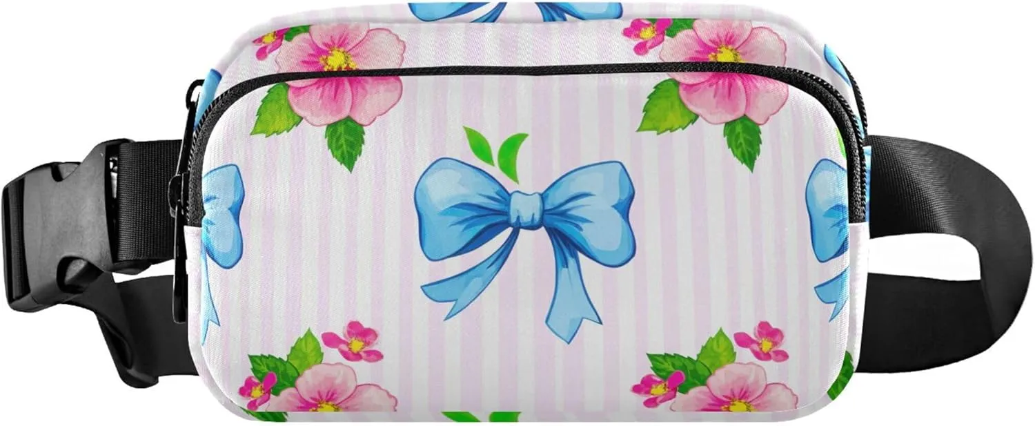Blue Pink Flowers Leaves Striped Womens Fanny Pack Waterproof Everywhere Belt Bag Festival Travel Waist Pouch