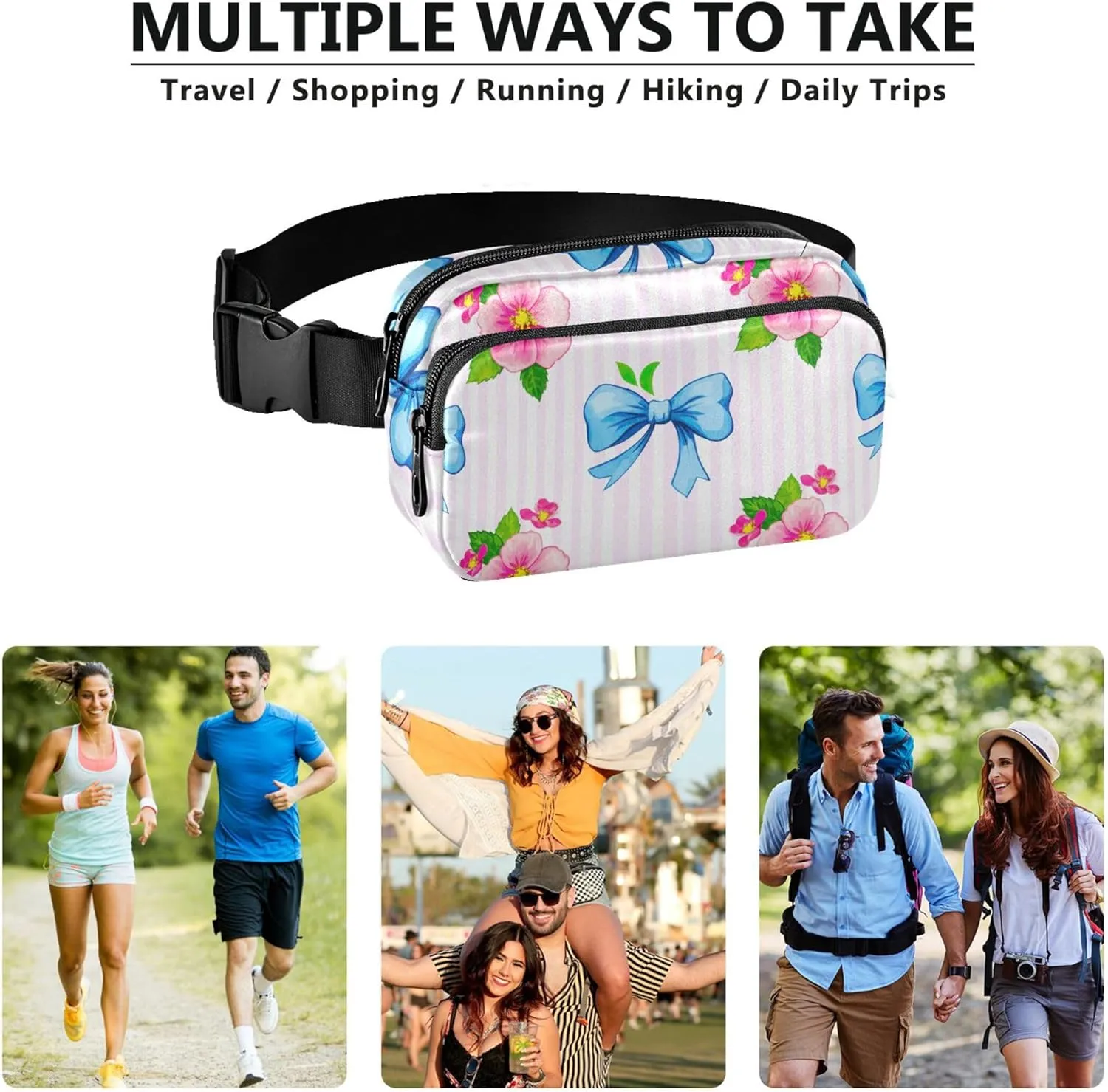 Blue Pink Flowers Leaves Striped Womens Fanny Pack Waterproof Everywhere Belt Bag Festival Travel Waist Pouch
