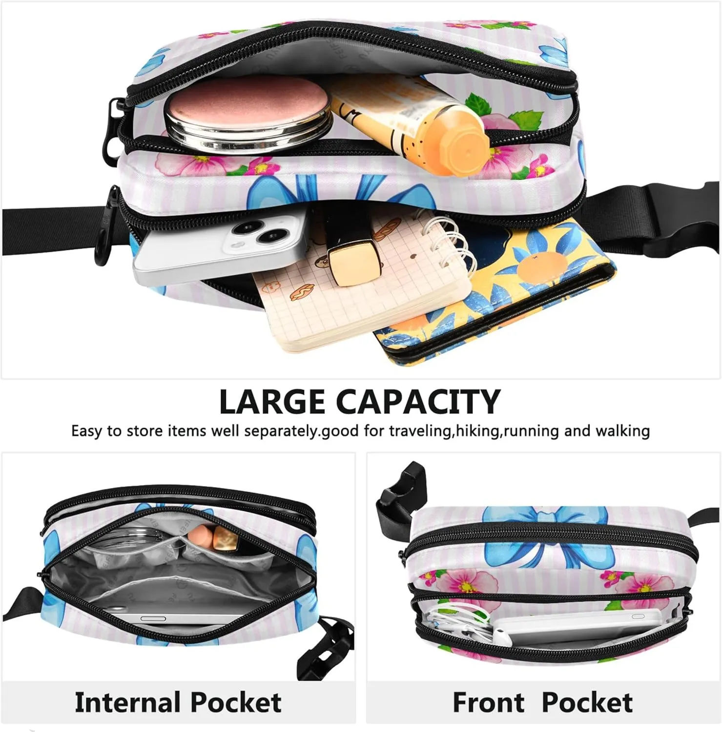 Blue Pink Flowers Leaves Striped Womens Fanny Pack Waterproof Everywhere Belt Bag Festival Travel Waist Pouch