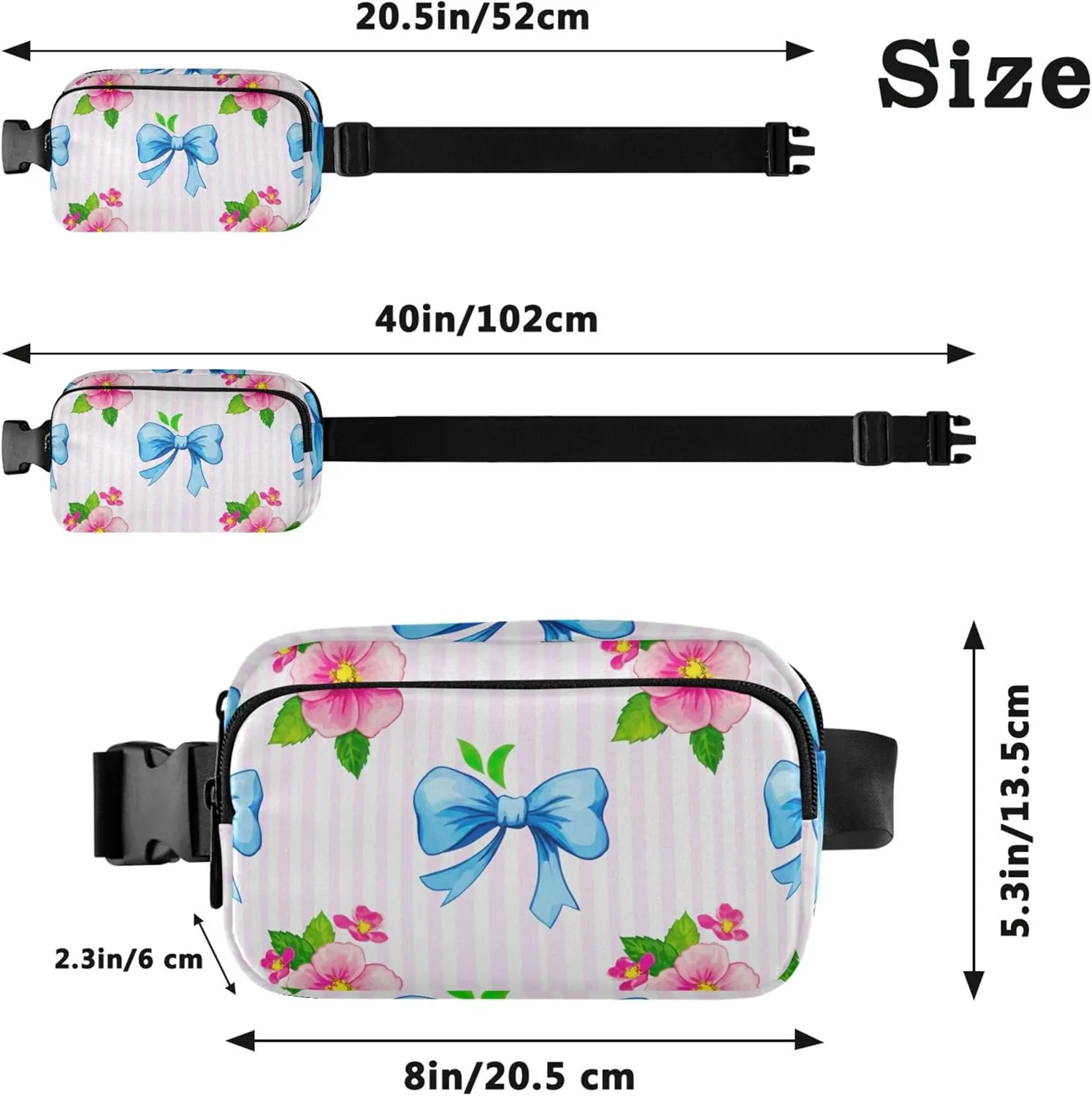 Blue Pink Flowers Leaves Striped Womens Fanny Pack Waterproof Everywhere Belt Bag Festival Travel Waist Pouch