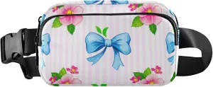 Blue Pink Flowers Leaves Striped Womens Fanny Pack Waterproof Everywhere Belt Bag Festival Travel Waist Pouch