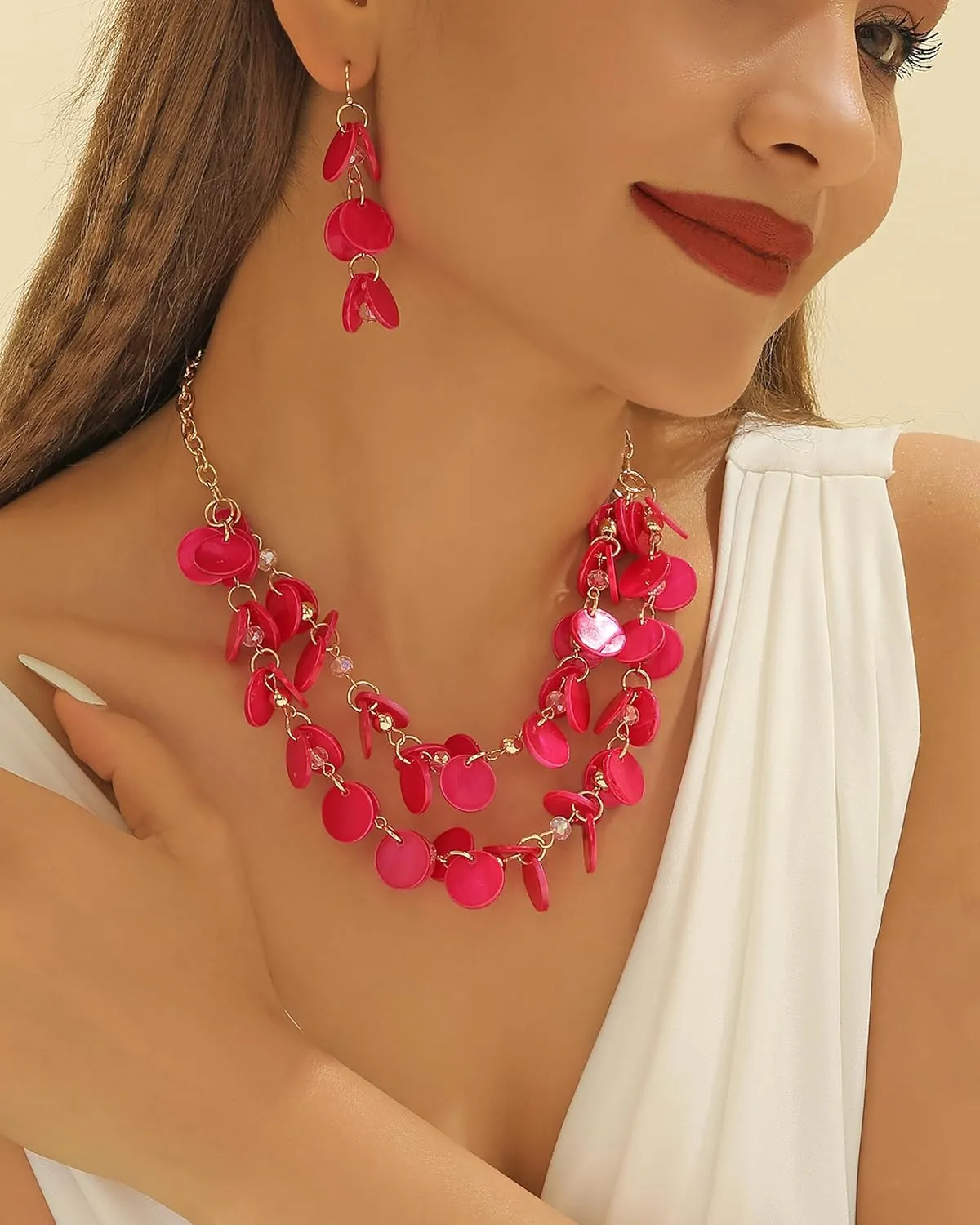 Bocar 2 Layer Statement Choker Shell Necklace and Earring Set for Women Gift
