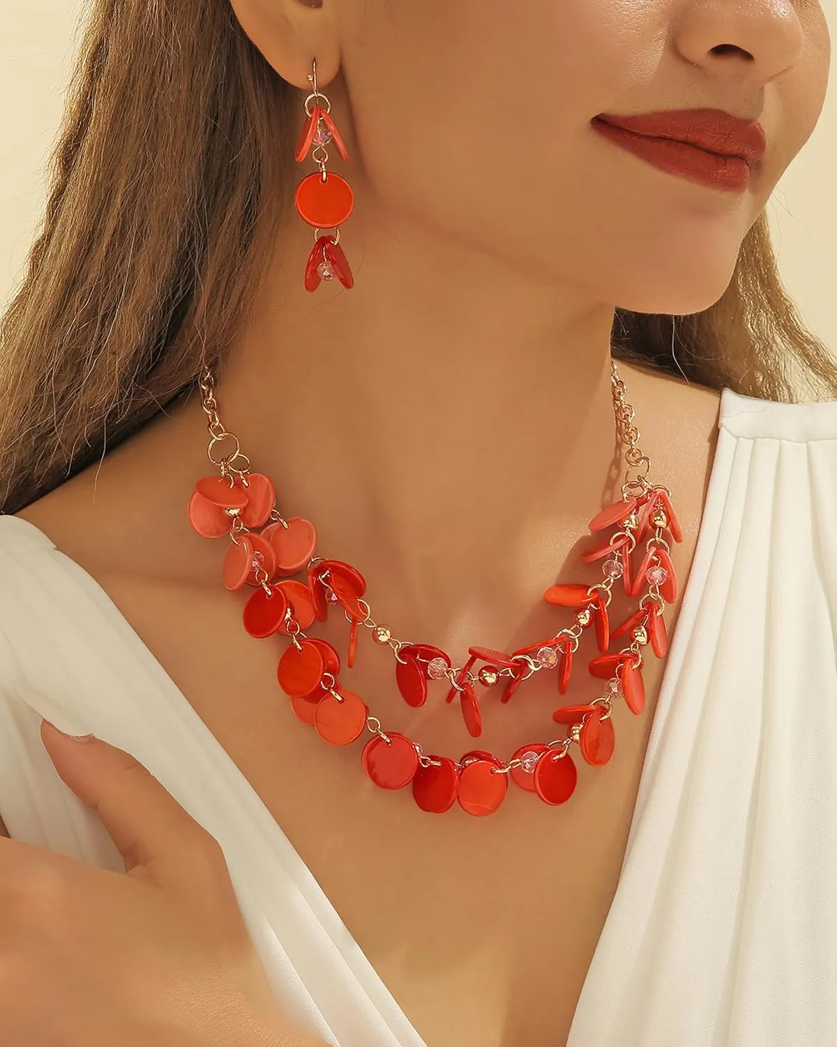 Bocar 2 Layer Statement Choker Shell Necklace and Earring Set for Women Gift