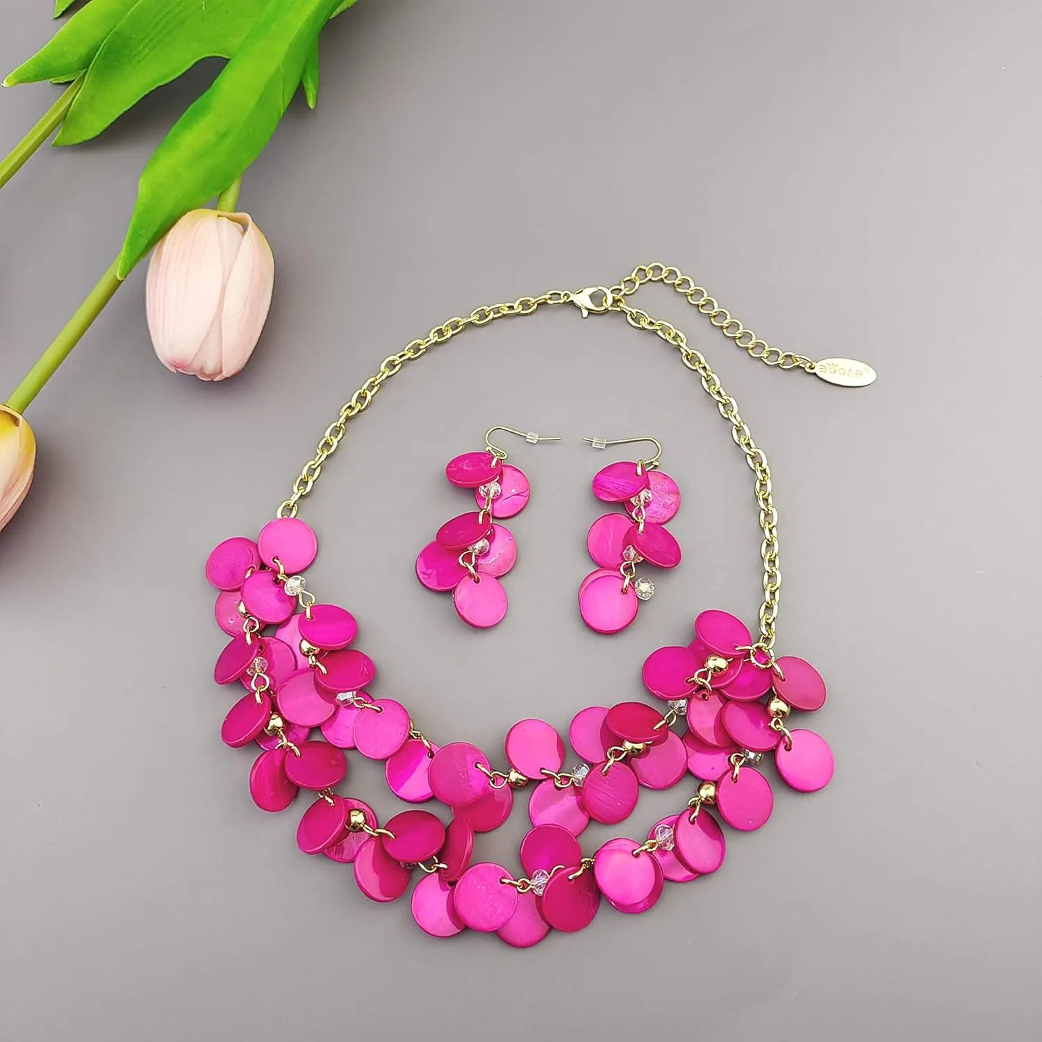 Bocar 2 Layer Statement Choker Shell Necklace and Earring Set for Women Gift