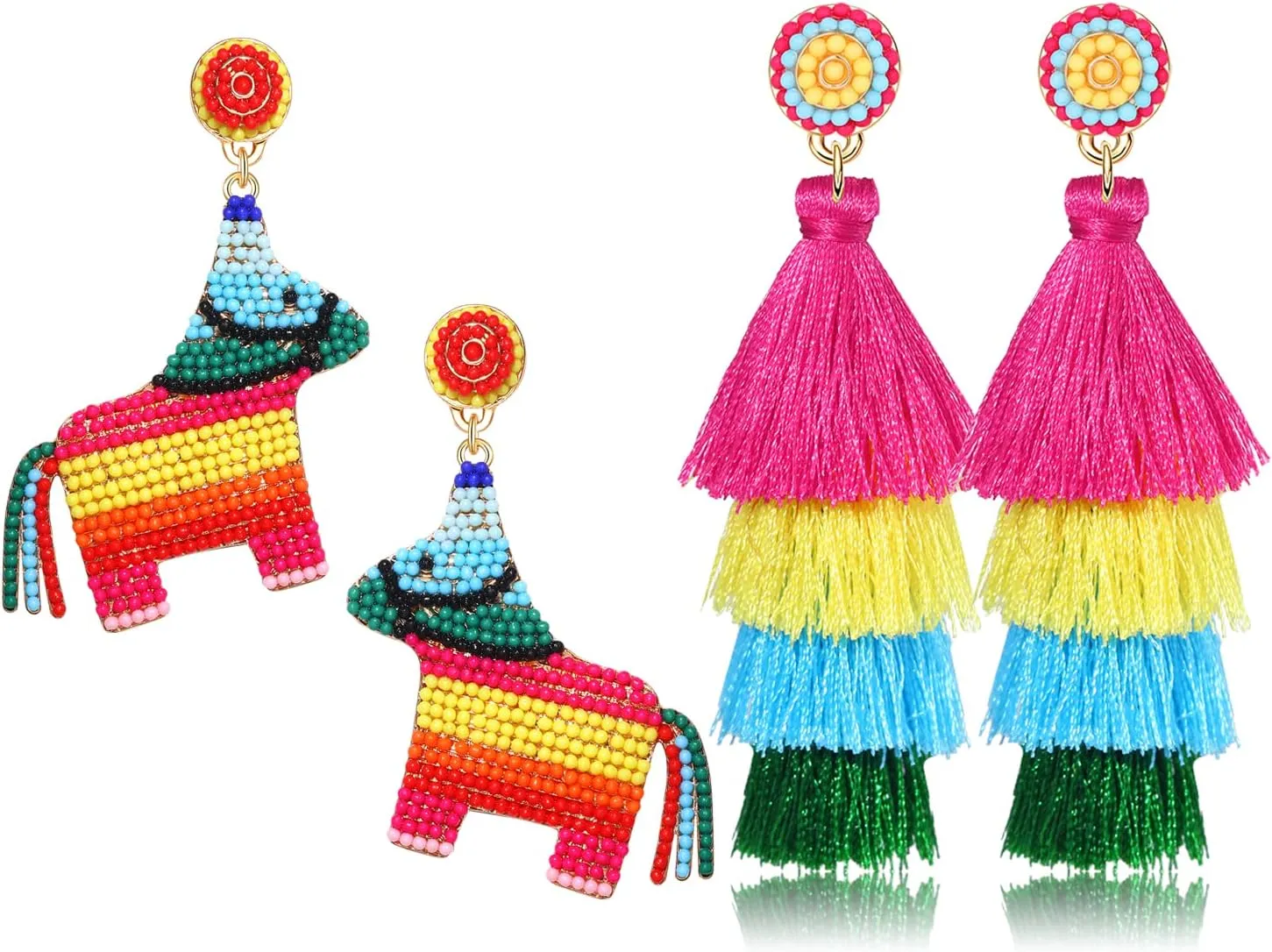 Boderier 2 Pairs Cinco De Mayo Earrings for Women Beaded Donkey Sombrero Fiesta Tassel Dangle Earrings Mexican Holiday Costumes Decorations Party Jewelry Gifts