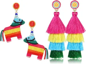 Boderier 2 Pairs Cinco De Mayo Earrings for Women Beaded Donkey Sombrero Fiesta Tassel Dangle Earrings Mexican Holiday Costumes Decorations Party Jewelry Gifts