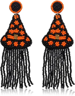 Boderier Halloween Earrings Beaded Pumpkin Witch Hat Ghost Dangle Earrings Statement Spooky Halloween Party Costume Jewelry for Women