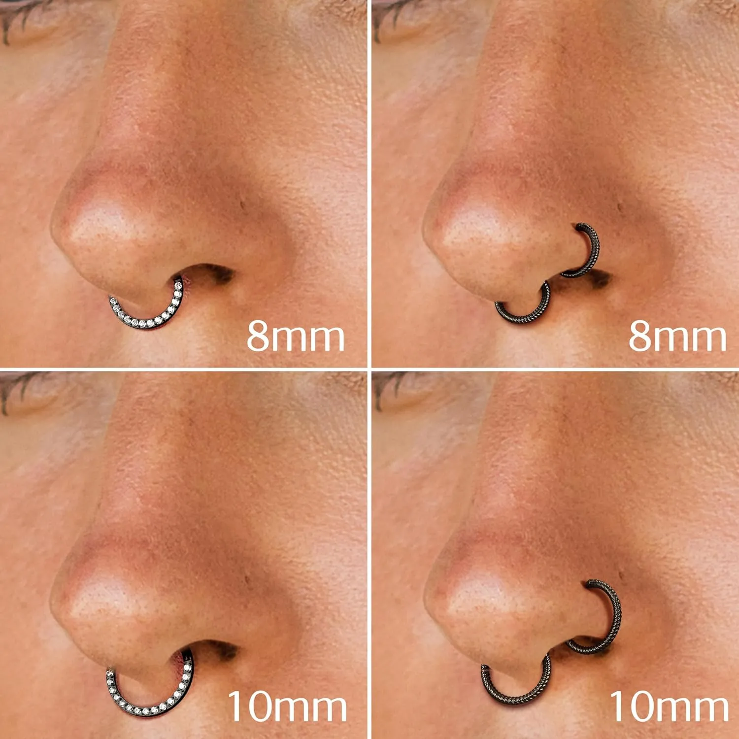 BodyBonita 2pcs Clear CZ Black Twisted Nose Rings Hoop 316L Surgical Steel Cartilage Earrings Conch Daith Helix Rook Tragus Lobe Snug Body Piercing Jewelry 18G 16G Hinged Segment Rings Lip Rings
