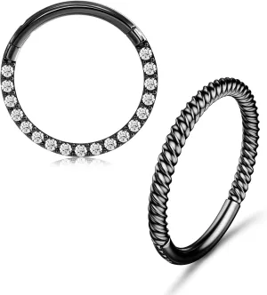 BodyBonita 2pcs Clear CZ Black Twisted Nose Rings Hoop 316L Surgical Steel Cartilage Earrings Conch Daith Helix Rook Tragus Lobe Snug Body Piercing Jewelry 18G 16G Hinged Segment Rings Lip Rings