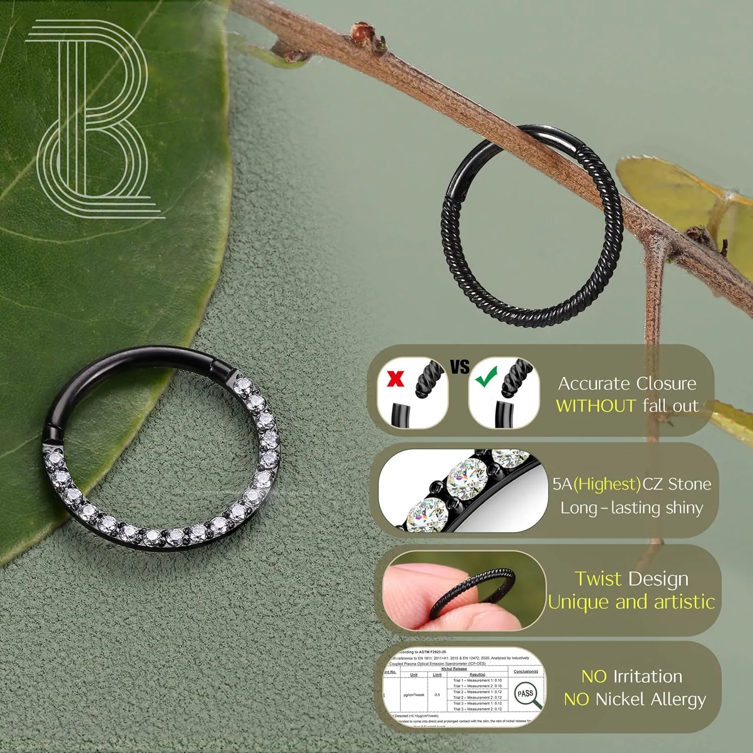 BodyBonita 2pcs Clear CZ Black Twisted Nose Rings Hoop 316L Surgical Steel Cartilage Earrings Conch Daith Helix Rook Tragus Lobe Snug Body Piercing Jewelry 18G 16G Hinged Segment Rings Lip Rings