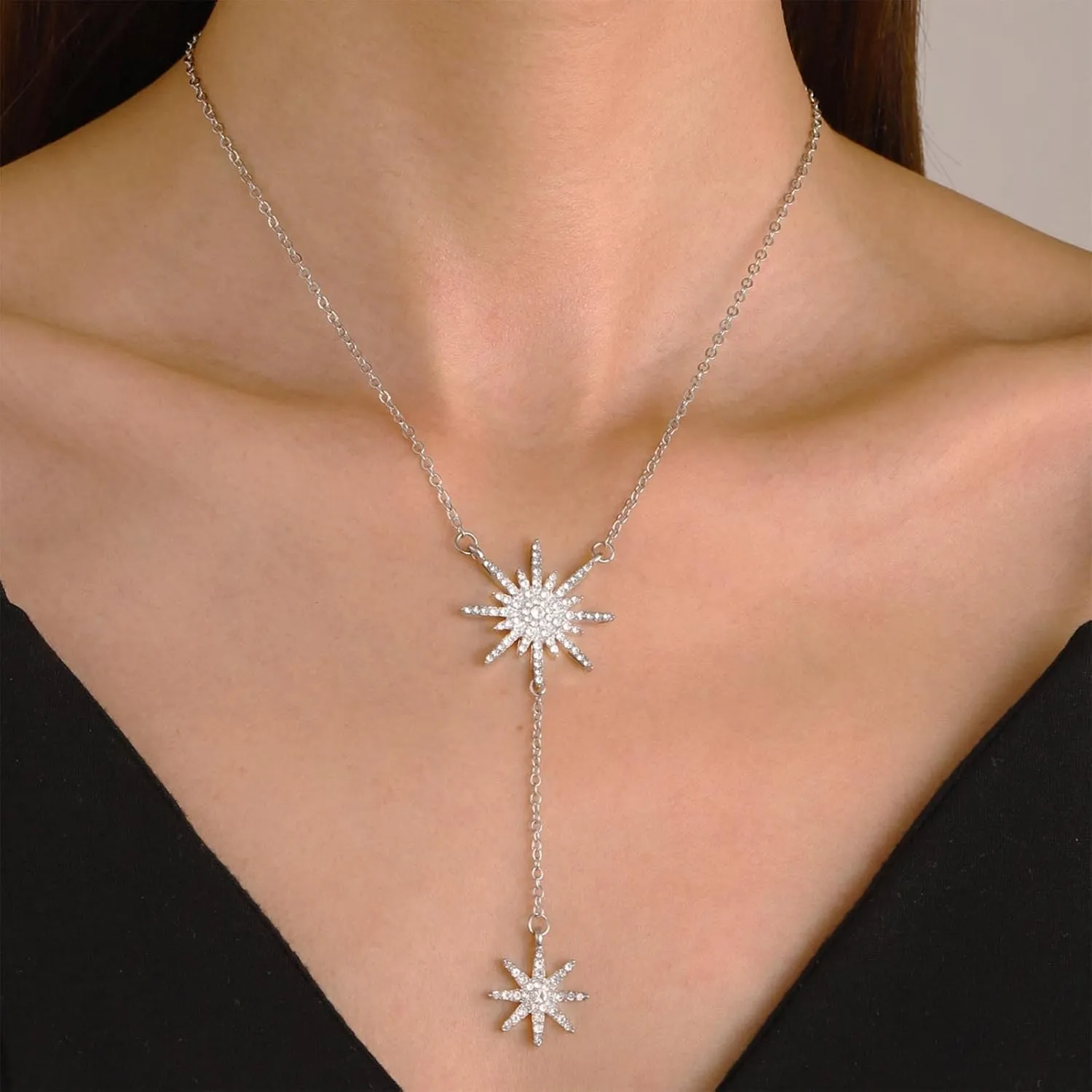 Bohemian Crystal Sunburst Choker Necklace Gold Starburst Y Lariat Necklace Cz Paved Sunburst Pendant Necklace Rhinestone Snowflake Chain Necklace Jewelry for Women Gifts