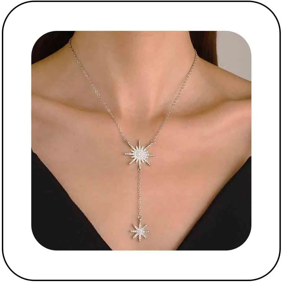 Bohemian Crystal Sunburst Choker Necklace Gold Starburst Y Lariat Necklace Cz Paved Sunburst Pendant Necklace Rhinestone Snowflake Chain Necklace Jewelry for Women Gifts