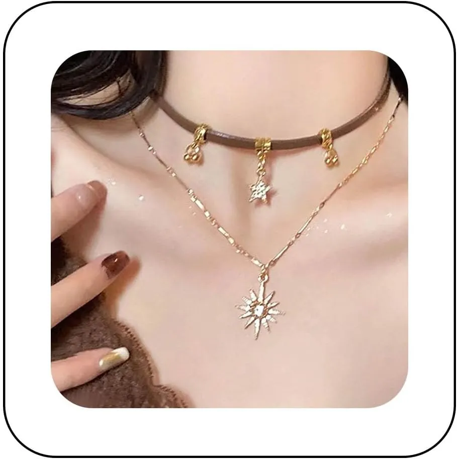 Bohemian Layered Crystal Sun Choker Necklace Gold Rhinestone Paved Star Pendant Necklace Brown Leather Cord Star Necklace Cz Sunburst Collar Necklace Jewelry for Women