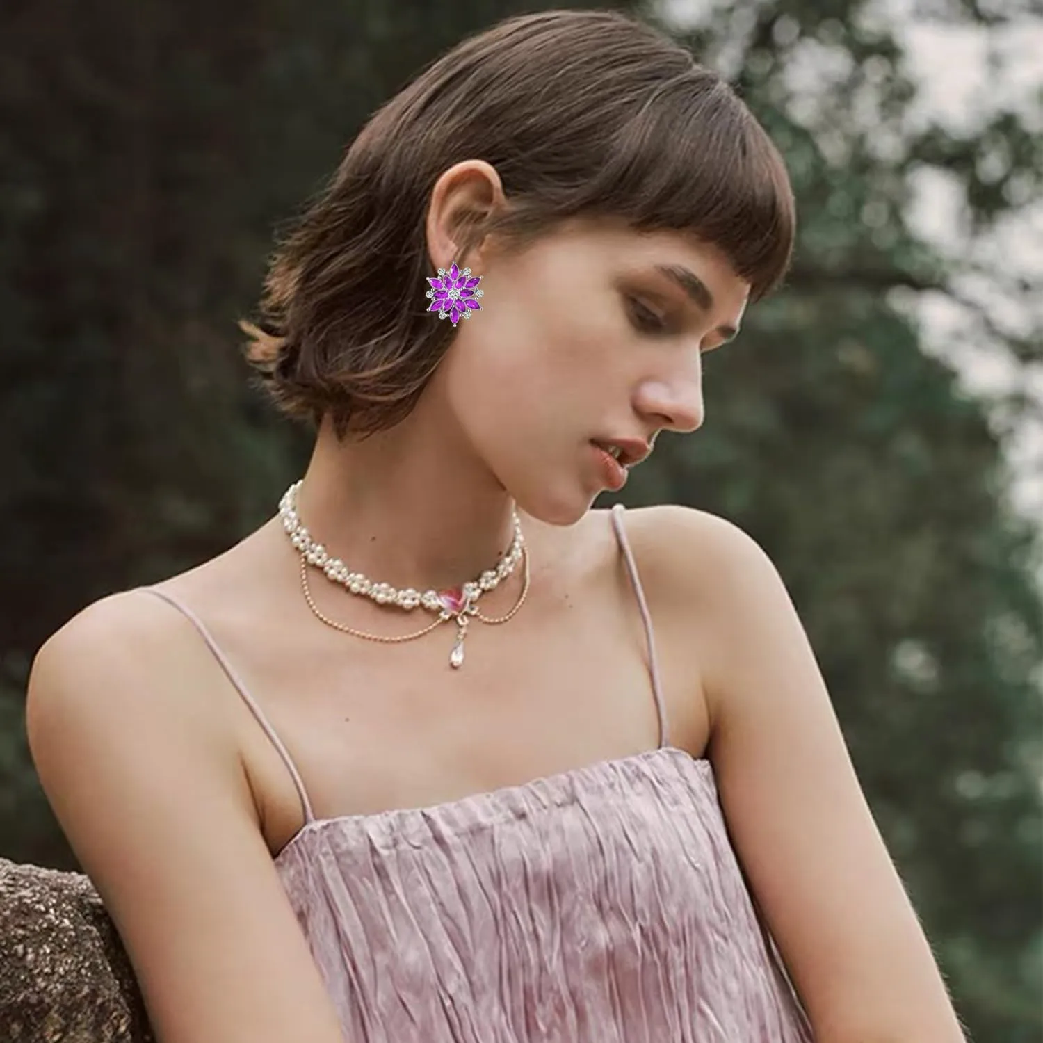 Bohemian Sparkly Rhinestone Sliver Flower Hollow Lightweight Stud Earrings Boho Snowflake Crystal Floral Dangle Drop Earrings For Women Jewelry Gifts