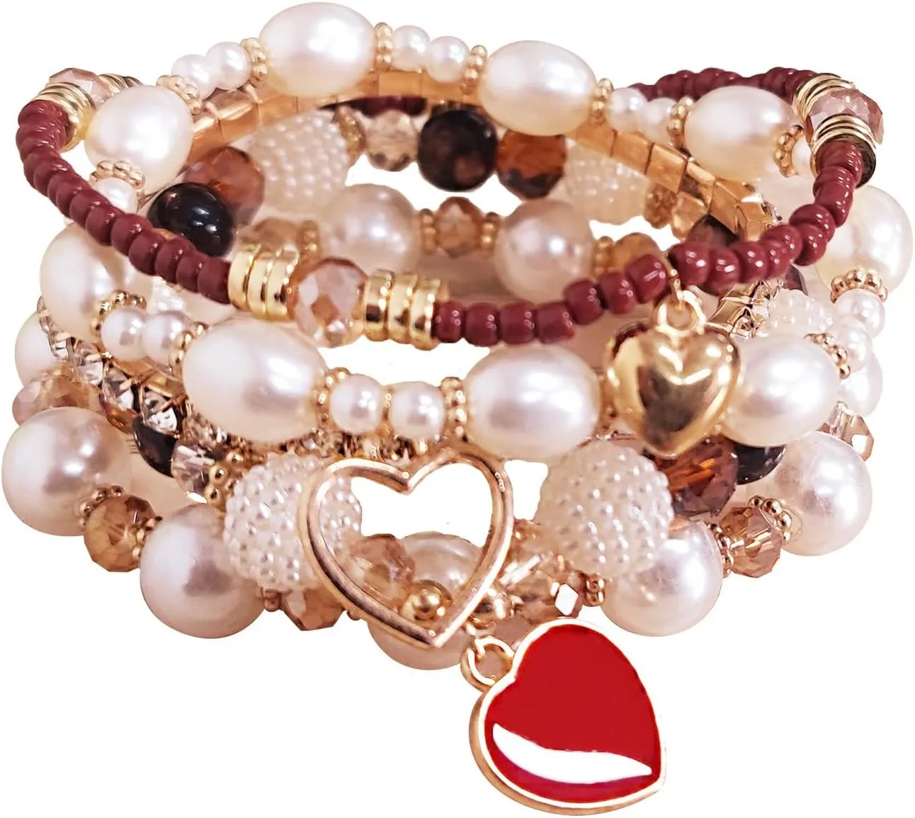 Bohemian Stackable Stretchy Beaded Bracelets Set for Women - Multicolor Stretch Faux Pearl Heart Crystal Handmade Friendship Jewelry, Ideal for Holiday, Beach, Mother's Day Gifts