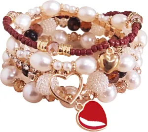 Bohemian Stackable Stretchy Beaded Bracelets Set for Women - Multicolor Stretch Faux Pearl Heart Crystal Handmade Friendship Jewelry, Ideal for Holiday, Beach, Mother's Day Gifts