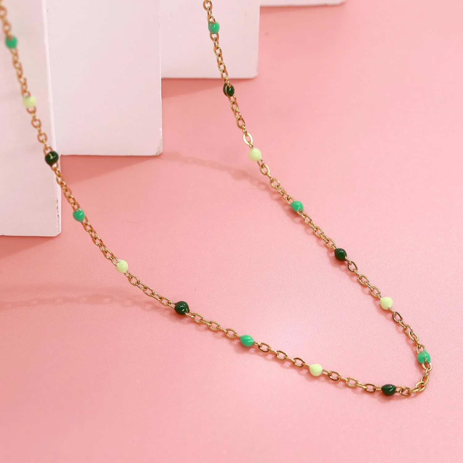 Boho Colorful Beaded Choker Necklace for Women, Rainbow Round Bead 14K Gold Plated Choker Necklace Simple Fresh Beads Beach Wedding Prom Bridal Jewelry