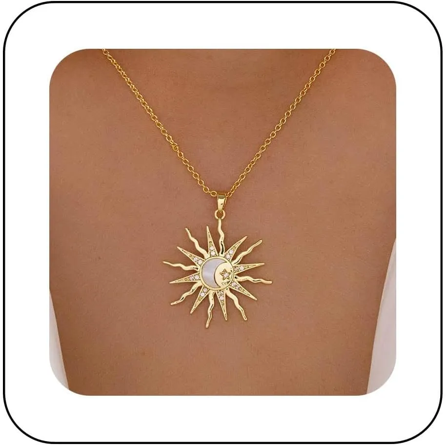 Boho CZ Sunburst Pendant Necklace Gold Crystal Spike Sun Necklace Vintage Sunrise Choker Necklace Adjustable Sun Celestial Flower Chain Necklace Jewelry for Women