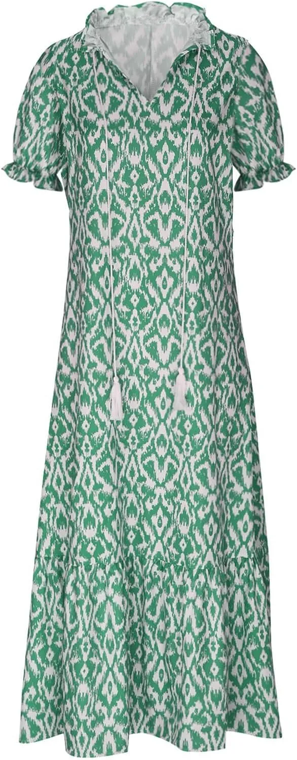 Boho Floral Dress for Women Summer Casual V Neck Ruffle Maxi A Line Flowy Beach Dress Wedding Guest Dresses
