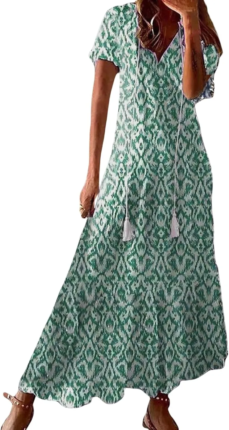Boho Floral Dress for Women Summer Casual V Neck Ruffle Maxi A Line Flowy Beach Dress Wedding Guest Dresses
