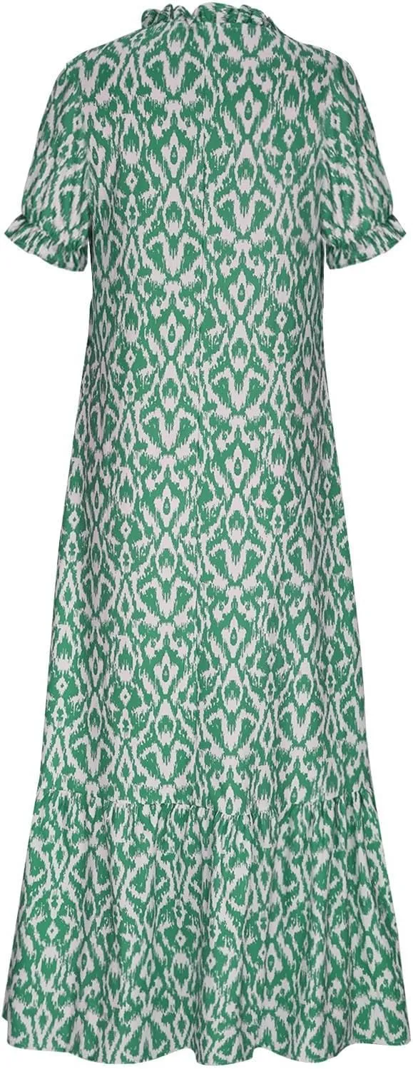 Boho Floral Dress for Women Summer Casual V Neck Ruffle Maxi A Line Flowy Beach Dress Wedding Guest Dresses
