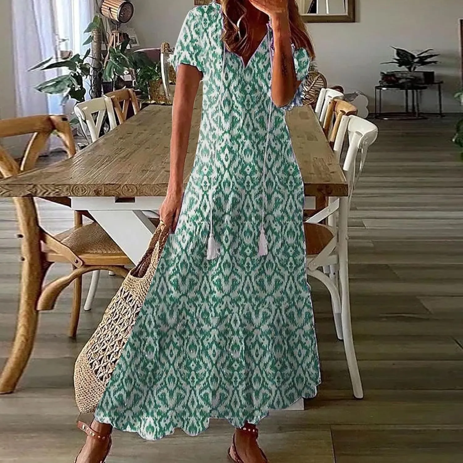 Boho Floral Dress for Women Summer Casual V Neck Ruffle Maxi A Line Flowy Beach Dress Wedding Guest Dresses