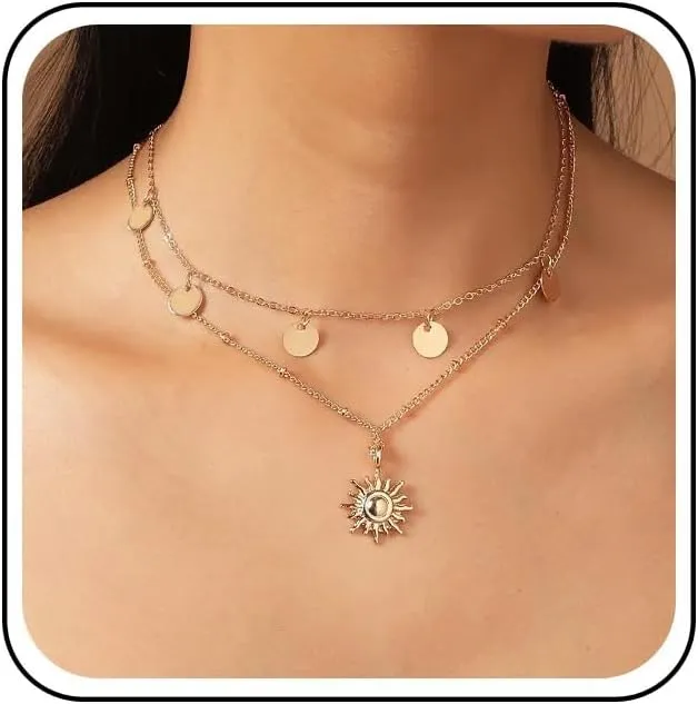 Boho Layered Disc Coin Necklace Gold Sunburst Pendant Necklace Disc Coin Choker Necklace Vintage Sun Chain Necklace Round Coin Necklace Chain