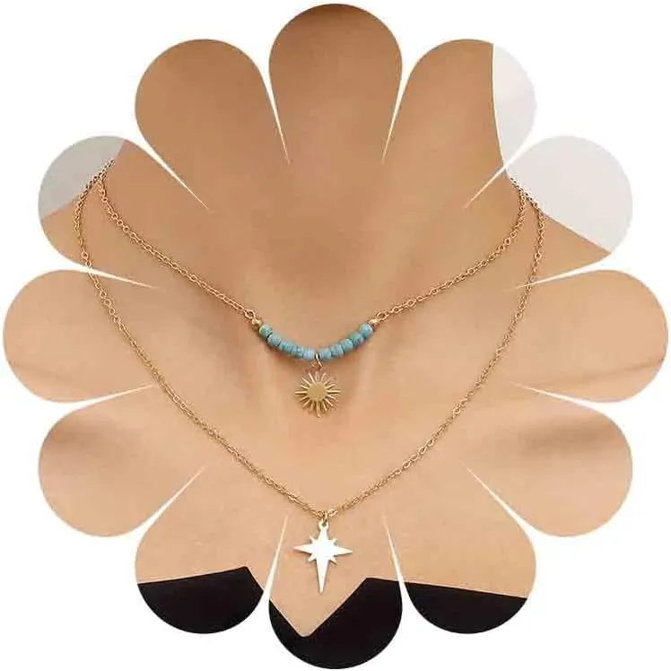 Boho Layered Sunburst Pendant Necklace Gold Celestial Star Necklace Vintage Turquoise Bead Choker Necklace Adjustable Sun Star Chain Necklace Jewelry for Women