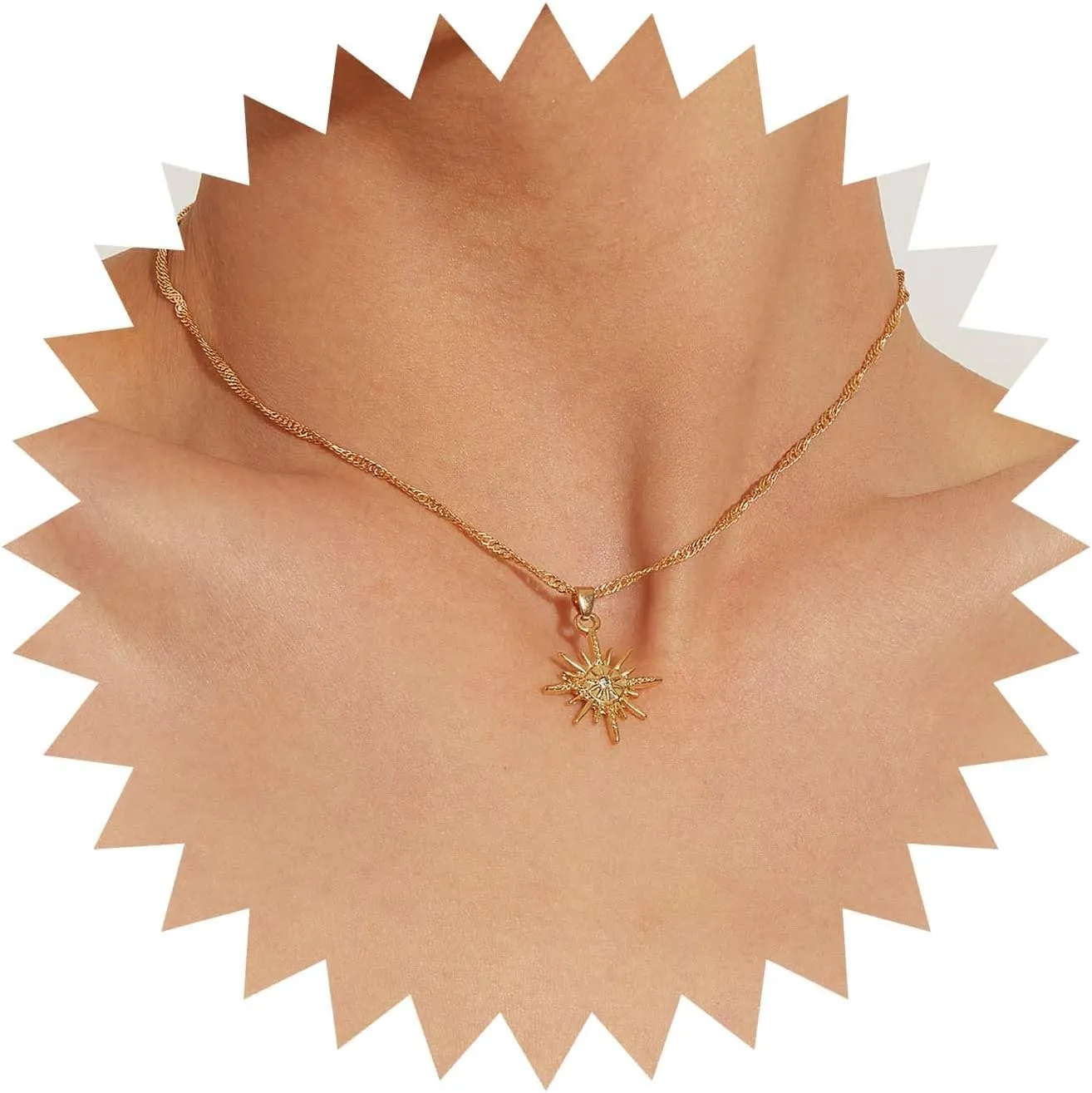 Boho Starburst Pendant Necklace Gold Northstar Choker Necklace Vintage Crystal Star Collar Necklace Rhinestone Starburst Necklace Jewelry for Women