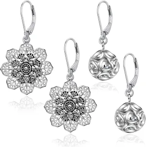 Boho Vintage Flower Earrings for Women, Silver Leverback Hollow Bohemian Dangle Drop Earrings Mandala Tribal Floral Earring Western Indian Jewelry