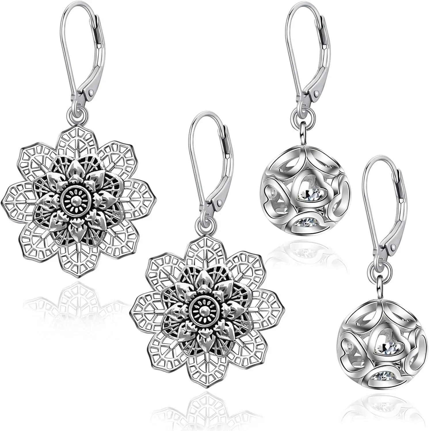 Boho Vintage Flower Earrings for Women, Silver Leverback Hollow Bohemian Dangle Drop Earrings Mandala Tribal Floral Earring Western Indian Jewelry