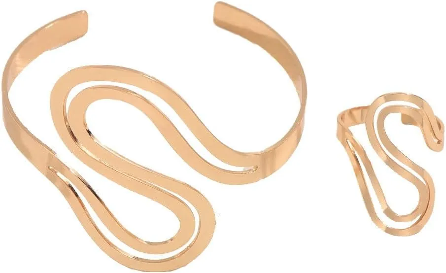 Boho Wide Cuff Bangle Bracelets Finger Ring Set for Women S shape Chunky Bangles Open Adjustable Wrist Wrap Bohemia Bracelet Thumb Ring Band Set Jewelry
