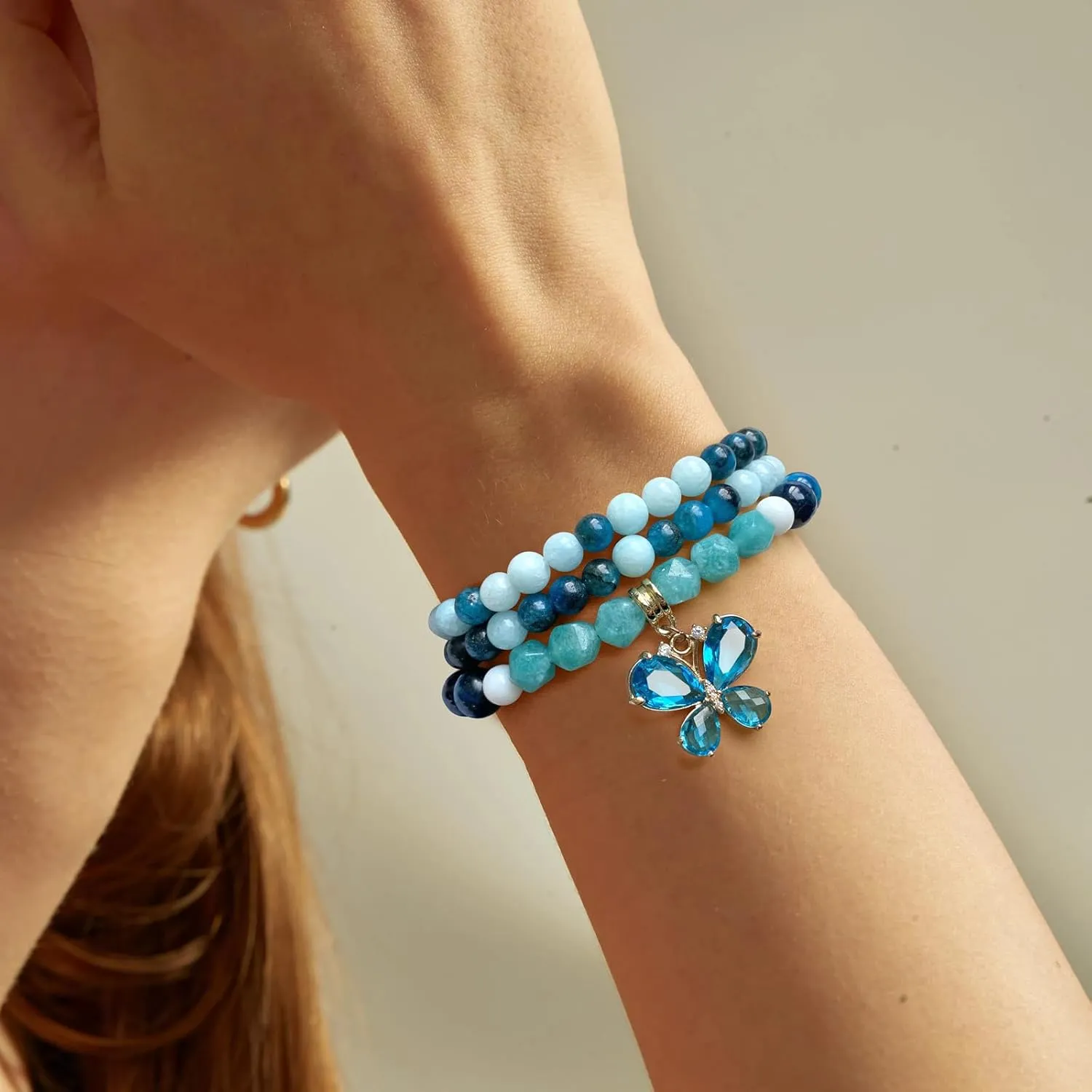 Bolianilo 3PC Butterfly Crystal Bracelets, Healing Crystal Bracelets for Women, Amethyst/Apatite Crystal Set, 6mm/6mm/8mm Natural Stone Bead Bracelets, Blue/Purple Gifts for Women, Butterfly Charm Jewelry
