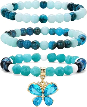 Bolianilo 3PC Butterfly Crystal Bracelets, Healing Crystal Bracelets for Women, Amethyst/Apatite Crystal Set, 6mm/6mm/8mm Natural Stone Bead Bracelets, Blue/Purple Gifts for Women, Butterfly Charm Jewelry