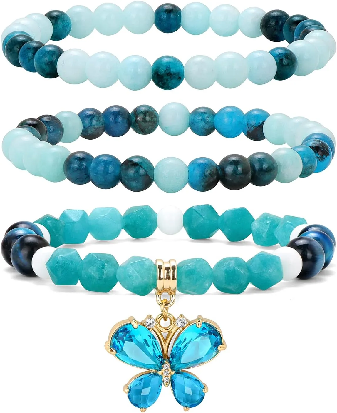 Bolianilo 3PC Butterfly Crystal Bracelets, Healing Crystal Bracelets for Women, Amethyst/Apatite Crystal Set, 6mm/6mm/8mm Natural Stone Bead Bracelets, Blue/Purple Gifts for Women, Butterfly Charm Jewelry