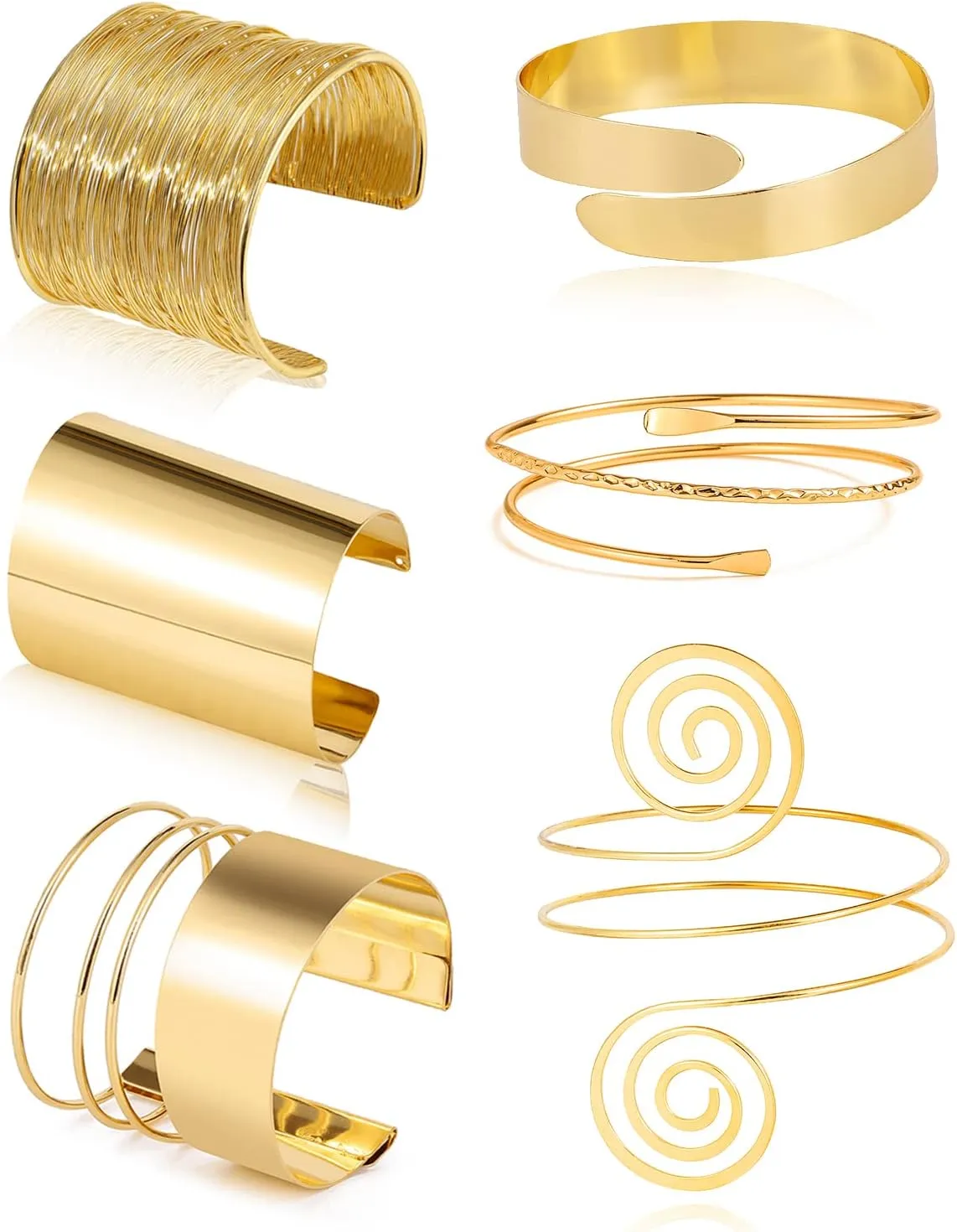 BOMAIL 6 Pieces Arm Cuff Bracelet Set - Minimalist Simple Swirl Open Wide Wire Upper Arm Band Bracelets for Women - Adjustable Bangle